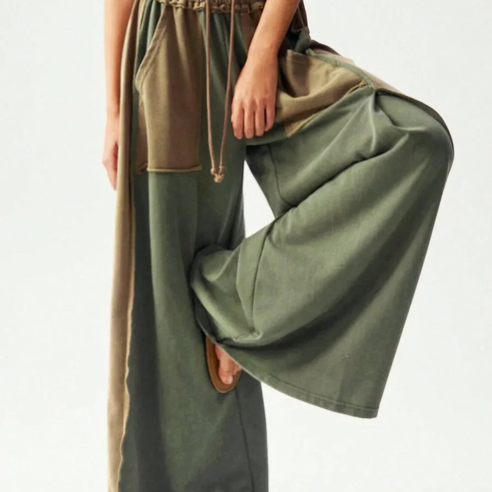 Multicolor Casual Women's Knit Patchwork Loose Wide Leg Washed Pants - Picture 3 of 7